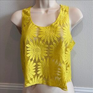 GB Sunflower Lace Mesh Crop Top M Yellow Boho Festival Sheer